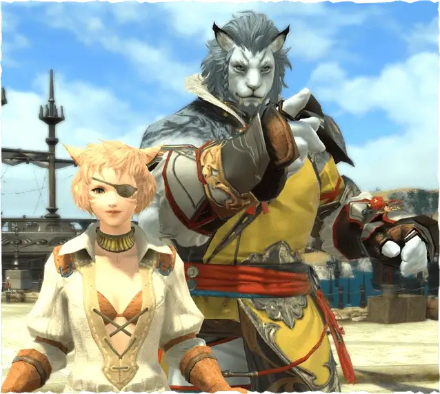 Une Miqo'te et un Hrothgar se tiennent côte à côte. Ce sont des joueurs expérimentés appelés mentors.