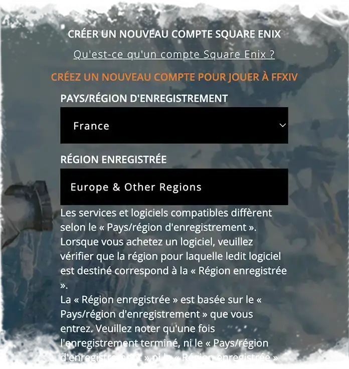 Page de création d'un compte Square Enix pour jouer à FINAL FANTASY 14. Il faut sélectionner sa région.