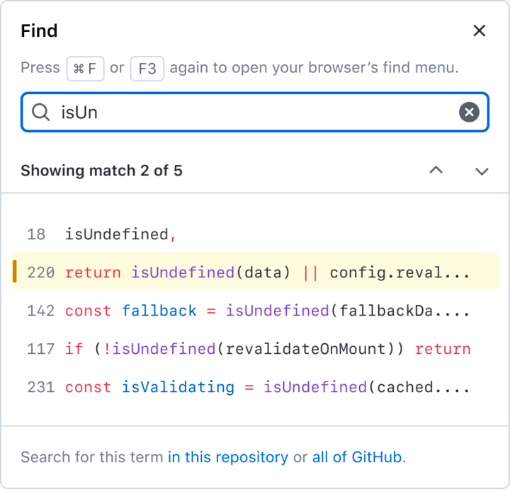 Screenshot of the "find" sidebar, showing a search bar with the term "isUn" and a list offive lines of code from the current file that contain that string, the second of which is highlighted as selected.