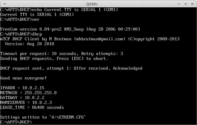 QEMU serial console, freedos, rtl8139 vNIC, dhcp