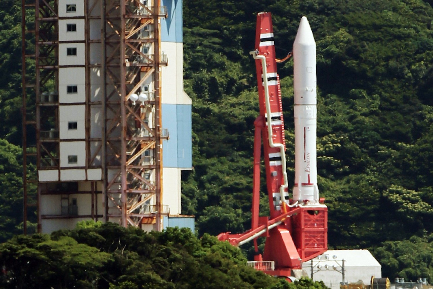 Japan Aerospace Exploration Agency's (Jaxa) new solid fuel rocket Epsilon stands on a launching pad at Jaxa's Uchinoura Space Center at Kimotsuki town in Kagoshima prefecture, Japan's southern island of Kyushu on August 27, 2013.