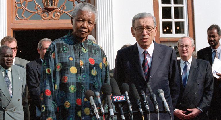 Boutros Boutros-Ghali, Secretary-General of the United Nations (right), and Nelson Mandela, President of South Africa, answer questions from the media, at the President's residence in Pretoria in 1996.