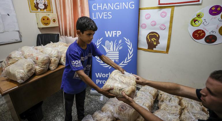 A boy collects bread from WFP, at a shelter in Gaza.