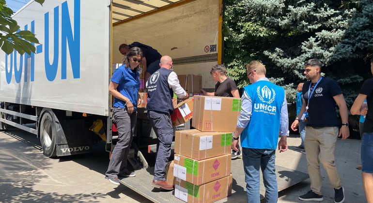 The UN delivers aid to Bilozerka, Kherson region in June 2023.