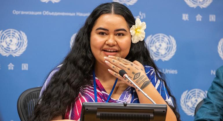 Brianna Fruean, Pacific Climate Warrior and Youth Climate Justice Activist, briefs the media during the Climate Ambition Summit.