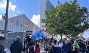 Journalists wait outside UN Headquarters during the seventy-seventh session of the General Assembly Debate.