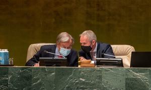 Csaba Kőrösi (right), President of the 77th session of the UN General Assembly, speaks with Secretary-General António Guterres ahead of the opening of seventy-seventh session of the General Assembly.