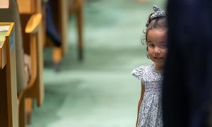 The daughter of Nayib Armando Bukele, President of the Republic of El Salvador, in the General Assembly Hall, as her father addresses the debate of the General Assembly’s seventy-seventh session.