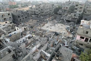 An aerial view of the heavily damaged and collapsed buildings in Gaza City. (October 2023)