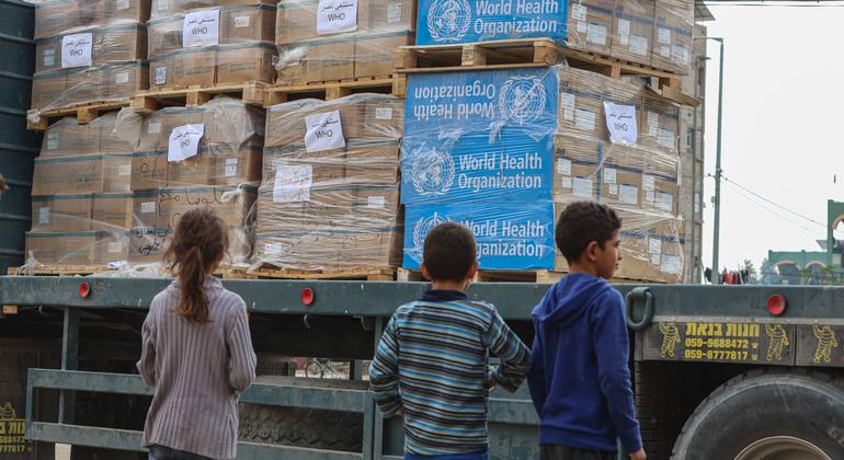 Emergency medical supplies are delivered to the Nasser Medical Complex in Khan Younis, southern Gaza.