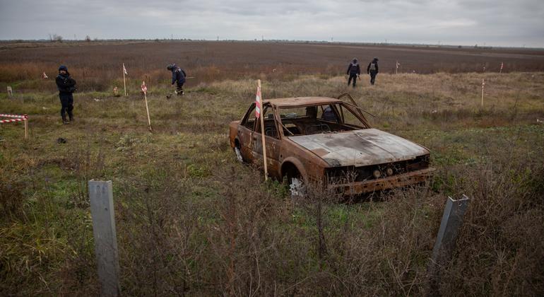 Deminers clear a previously occupied area near the front line between Mykolaiv and Kherson in southern Ukraine.