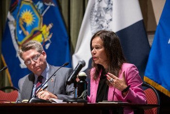 Kalliopi Mingeirou (right), Chief of Ending Violence against Women at UN Women, addresses an event at the City Bar Justice Centre in New York.