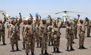 Members of MONUSCO’s South African Aviation Unit stand in formation at a ceremony at which they will be awarded the UN Medal for their service to peacekeeping before they return to their family and friends back home.
