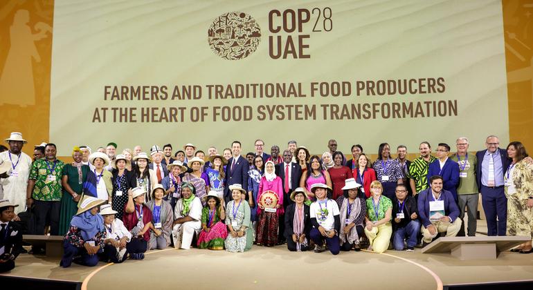 Panelists onstage for the session on ‘Farmers and Traditional Producers’ during the UN Climate Change Conference, COP28, at Expo City, in Dubai, United Arab Emirates.