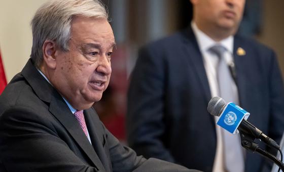 Secretary-General António Guterres speaking at the press stakeout.
