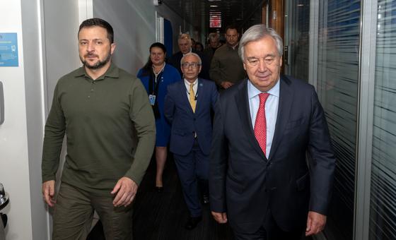 Secretary-General António Guterres (right) meets with President Volodymyr Zelenskyy of Ukraine at UN Headquarters in New York.