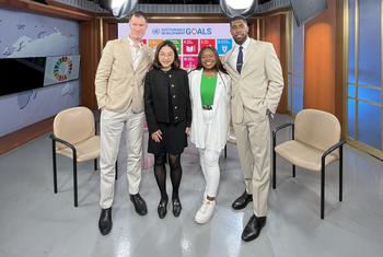 Conor Lennon from UN News with Young Leaders for the SDGs (l to r) Karen Wang, Vee Kativhu, and Jamal Hill.