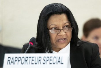 Sheila Keetharuth, Special Rapporteur on the situation of human rights in Eritrea, presents her report to the 38th Regular Session of the Human Rights Council in Geneva, 26 June 2018.