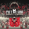 Cult of the Lamb – Key-Art, die animierte Charaktere zeigt, die um ein Lamm mit roten Augen herum versammelt sind.