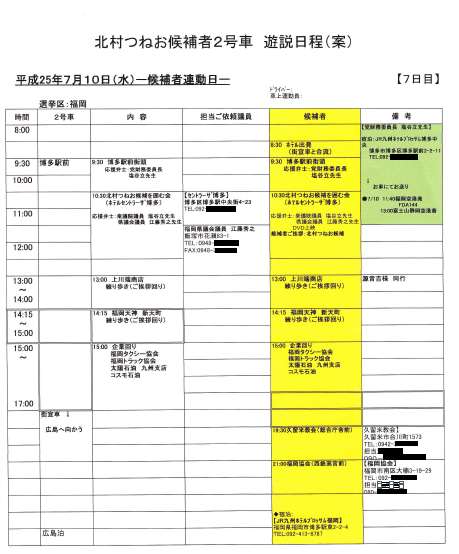 2013年参院選　北村遊説日程