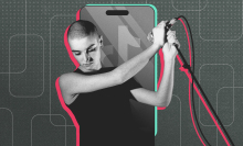 Sinead O'Connor posing with a microphone superimposed on a phone displaying the TikTok logo.