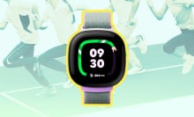 Fitbit Ace LTE kids overlaid on an image of kids running for fun.