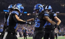 Jahmyr Gibbs of the Detroit Lions celebrates