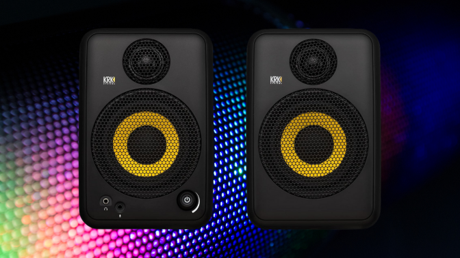 KRK GoAux 4 4" portable studio monitors on a grilled RGB background