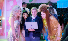 Greta Gerwig, Margot Robbie, Hari Nef, and Ana Cruz Kayne on the set of 'Barbie.'