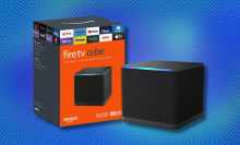 Amazon Fire TV Cube on blue abstract background