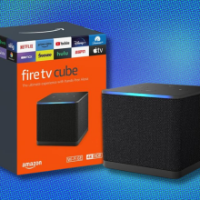 Amazon Fire TV Cube on blue abstract background