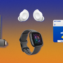 blue and orange background with collage of Amazon Fire TV Stick, Fitbit Sense 2, PlayStation gift card, and Samsung Galaxy Buds FE