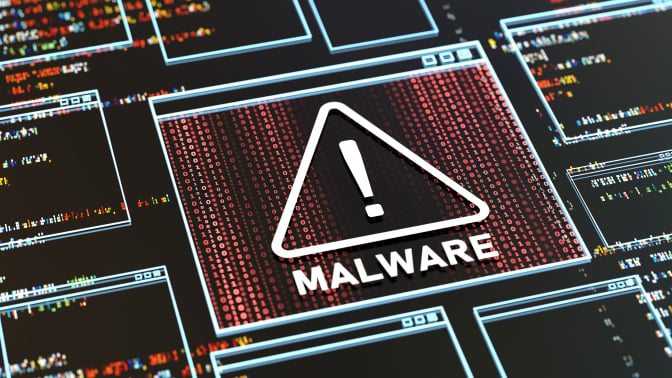 Malware Detected Warning Screen with abstract binary code 3d digital concept