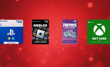 A red background with a festive, sparkly design showcases four digital gift cards.