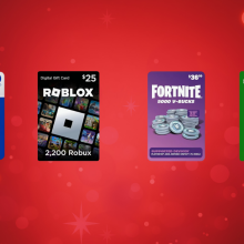 A red background with a festive, sparkly design showcases four digital gift cards.