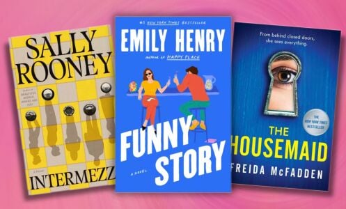 books from left to right: intermezzo by sally rooney, funny story by emily henry, and the housemaid by freida mcfadden on a pink swirling background