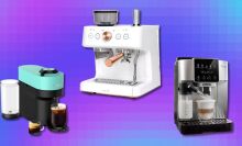 three espresso machines on a purple background