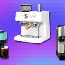 three espresso machines on a purple background