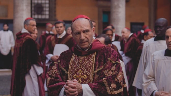 Ralph Fiennes as Cardinal Thomas Lawrence in the film "Conclave." 