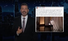 A man in a suit stands on a talk show stage. Next to him is a screenshot of a post from Donald Trump on Truth Social.