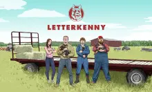 An illustration poster shows some of the letterkenny cast standing in front of a trunk in the couuntryside.