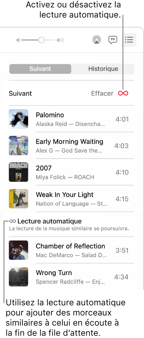 La file d’attente Suivant. Cliquez sur le bouton « Lecture automatique » pour activer ou désactiver la lecture automatique. Lorsque la lecture automatique est activée, des morceaux similaires sont ajoutés à la fin de la file d’attente.