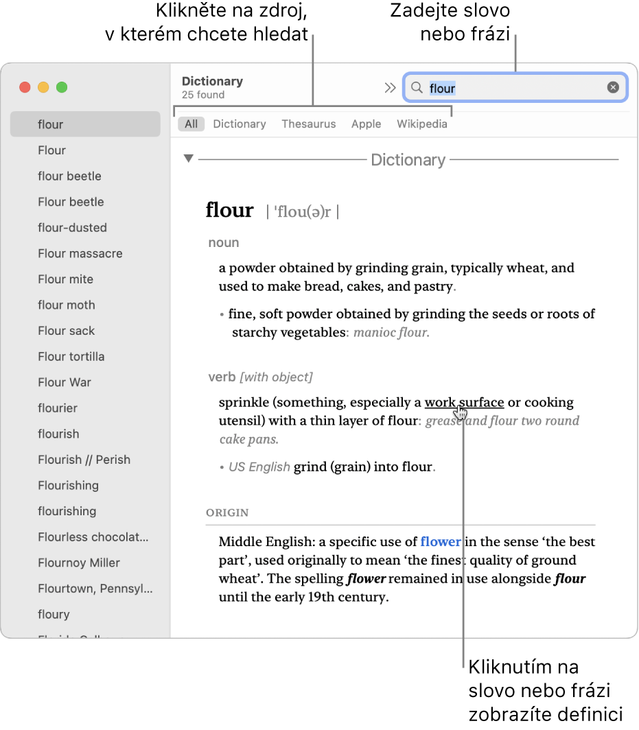 Velké okno aplikace Slovník se zobrazenou definicí Kliknutím na libovolné slovo nebo frázi v&nbsp;definici zobrazíte příslušnou definici. Chcete-li vybrat zdroj, ve kterém se má vyhledávat, klikněte na jeho název na panelu se zdroji umístěném pod panelem nástrojů. Do vyhledávacího pole zadejte slovo nebo frázi.