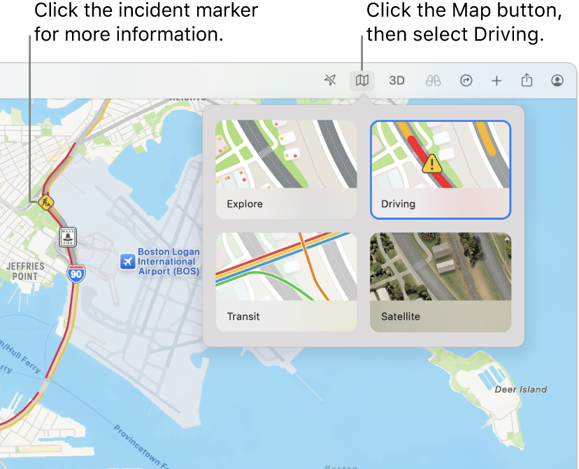 A map of San Francisco with map options displayed, the Driving map selected, and traffic incidents on the map.