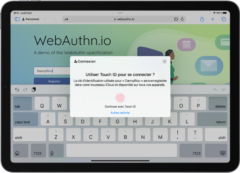 Un site web est ouvert dans Safari. Une zone de dialogue de connexion comprend des options permettant d’utiliser une clé d’identification pour se connecter au site web ou d’utiliser d’autres options.