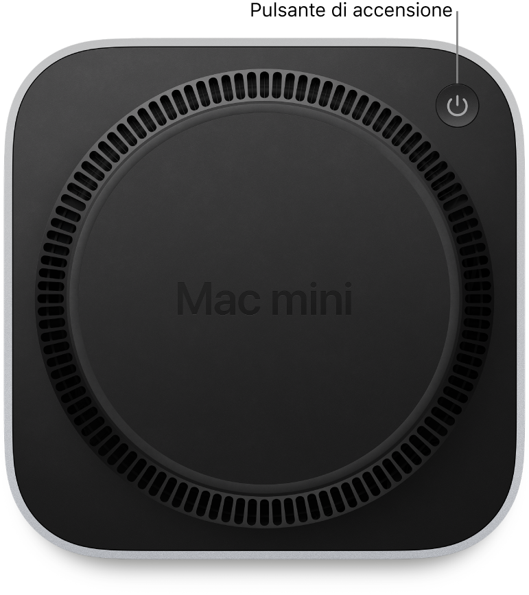 La parte inferiore di Mac mini che mostra il pulsante di accensione.