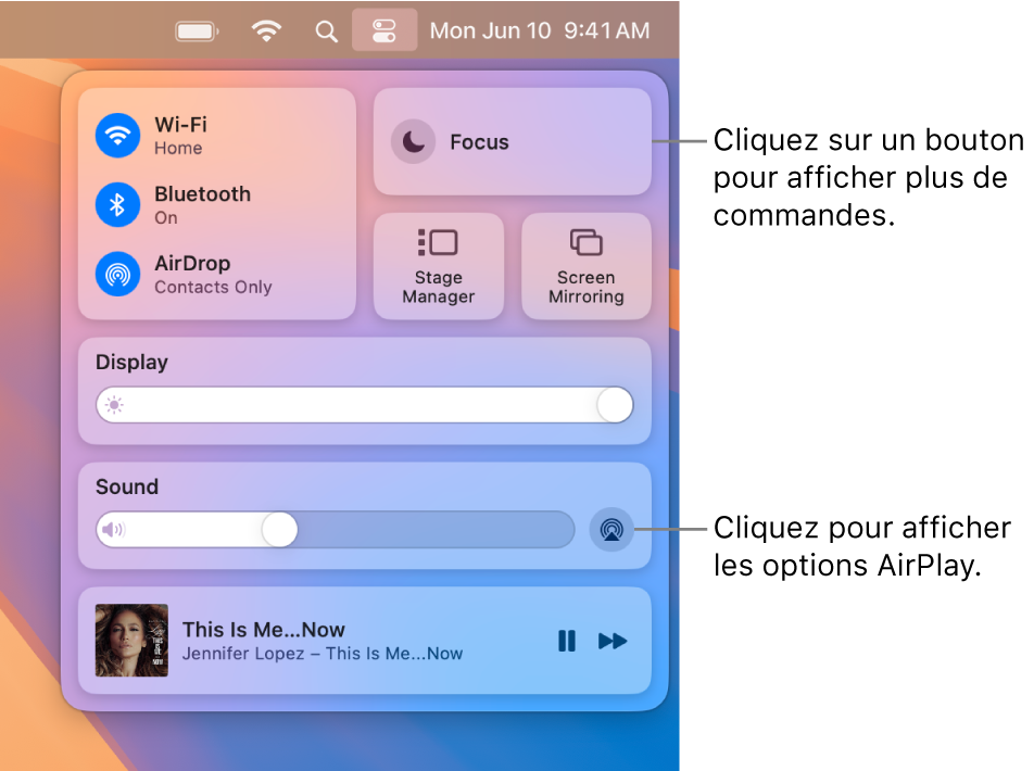 Vue rapprochée du centre de contrôle sur votre Mac avec une légende pour le bouton Moniteur.