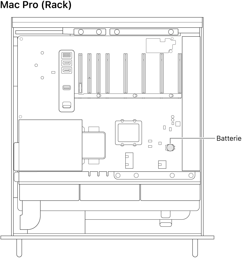 Seitenansicht des geöffneten Mac Pro-Gehäuses mit der Position der Knopfzellenbatterie.