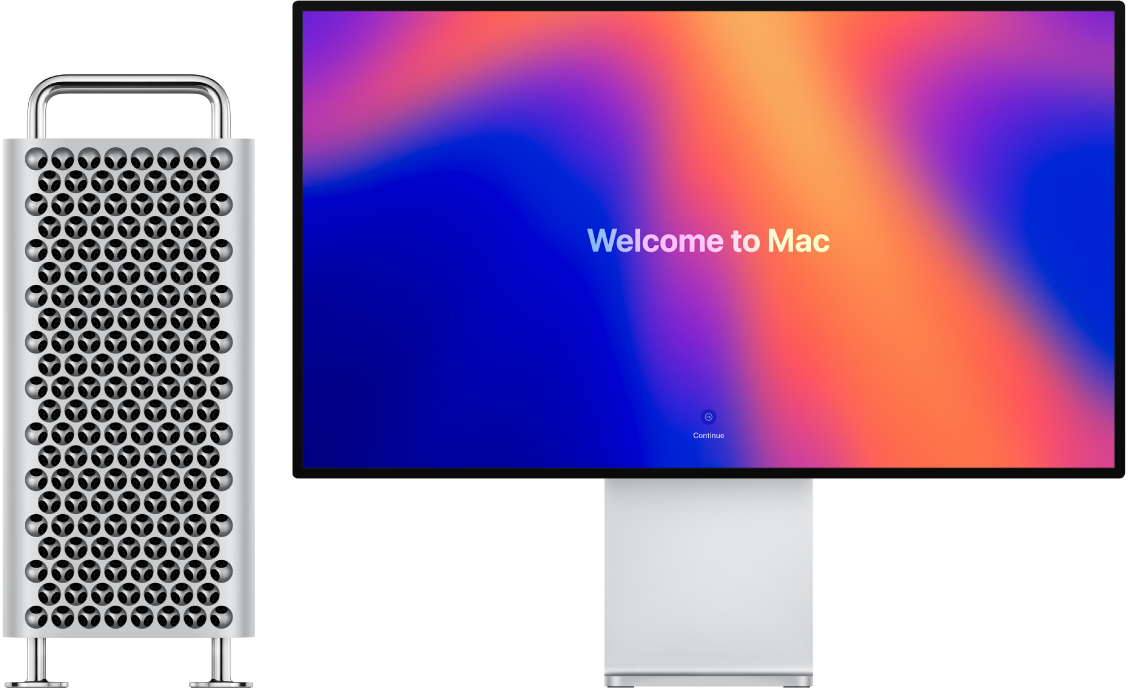 Um Mac Pro e um Pro Display XD lado a lado com “O Mac dá-lhe as boas-vindas” no ecrã.