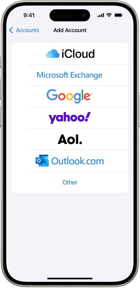 Ecranul Adăugați un cont cu opțiuni de a selecta iCloud, Microsoft Exchange, Google, Yahoo, AOL și Altul.